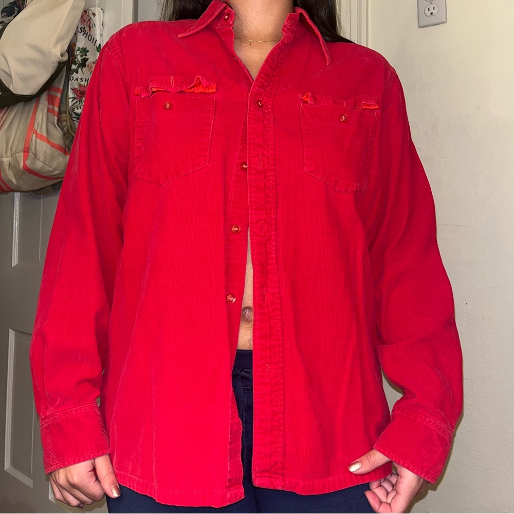 Red Corduroy Button-Up Shirt